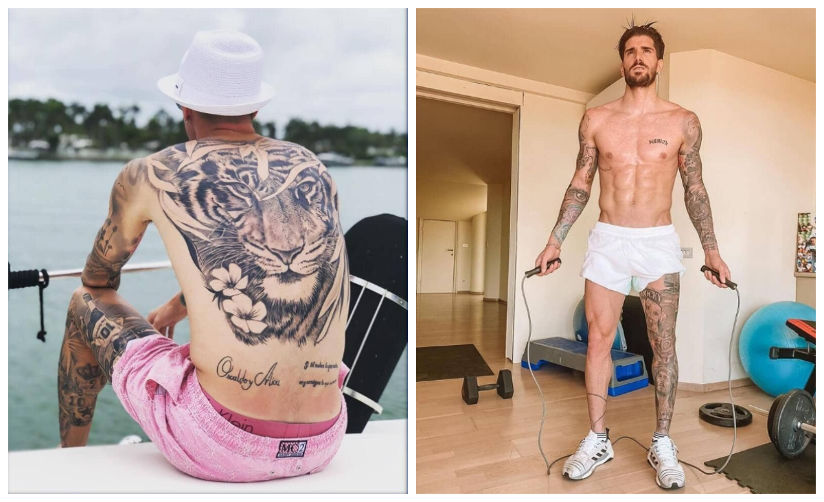 Tatuagens de Rodrigo De Paul na perna esquerda em forma de Jesus e um grande tigre nas costas.